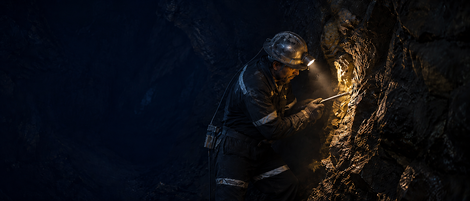 An underground hard-rock miner at work, lit by a headlamp in the Andes.